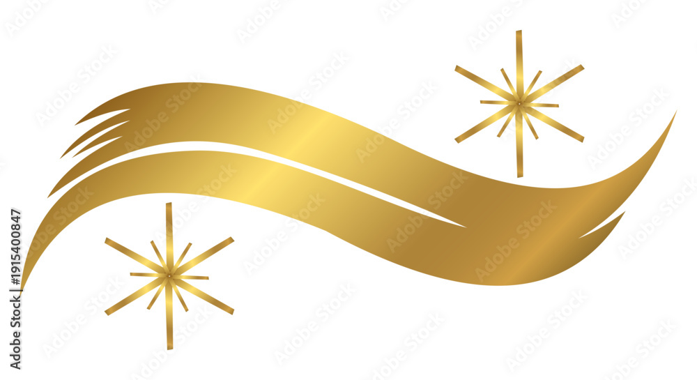 Fototapeta premium Golden wavy ribbon vector illustration with sparkling stars and elegant curved shapes