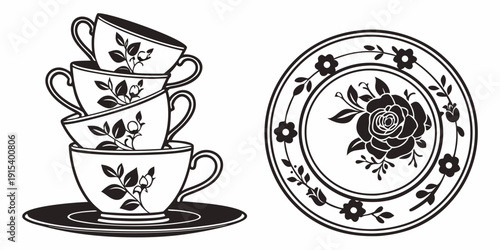 A whimsical illustration of a teacup with a face and a cat, alongside a circular emblem. Vector