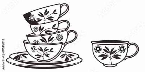 A charming illustration of a stack of teacups and a saucer with floral designs. Vector