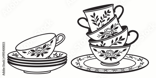A whimsical illustration of a scone with jam and cream on a saucer next to a teacup Vector