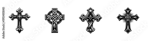 Cross symbols flat vector icons set. religious, spiritual, and ornamental designs collection