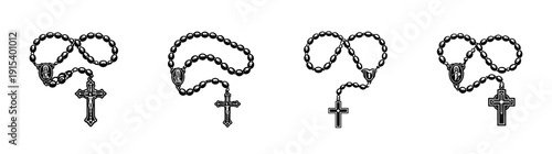 Rosary beads flat vector icons set. catholic prayer symbols and spiritual objects collection
