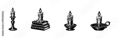 Candle flat vector icons set: wax, flame, and candleholder illustrations