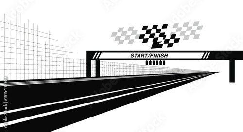 Black and white illustration of a racetrack with a start-finish line and checkered flag on a white background.