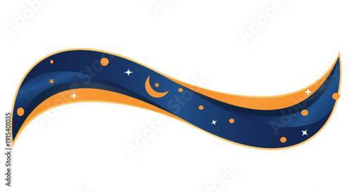 Islamic celestial ribbon vector with crescent moon stars and orange glow accents