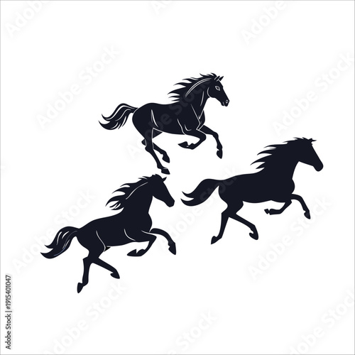 Dark wild horse, running horses silhouettes isolated on white background. Wild horse silhouettes, illustration of animal mammal speed horse