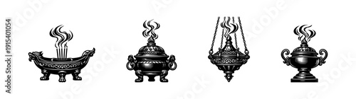Incense burner icons set. flat vector icons collection of aromatic holders and traditional censers