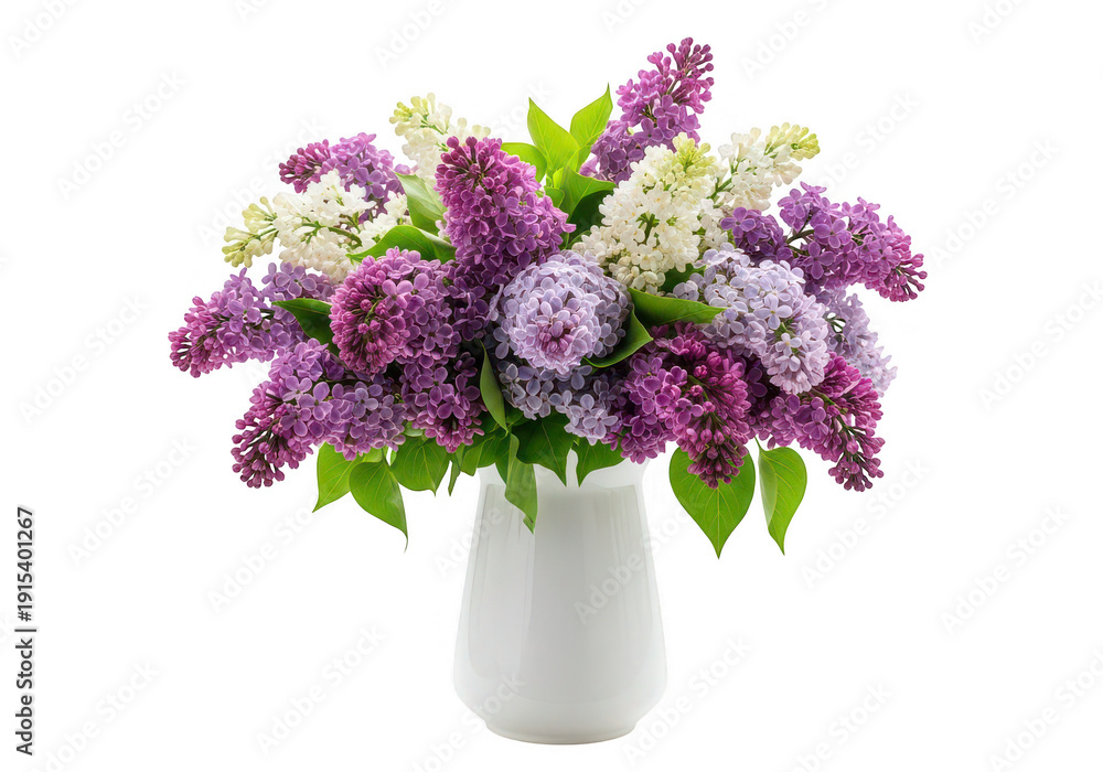 Fototapeta premium A delicate bouquet of white and purple lilacs in a vase on transparent background