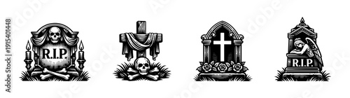 Graveyard symbols flat vector icons set: tombstone, cemetery, halloween elements