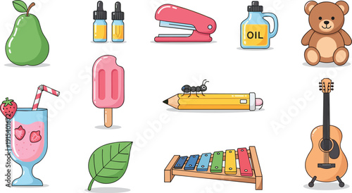 Cartoon everyday objects character set, playful educational and lifestyle design elements, colorful creative theme artwork, flat vector illustration