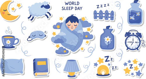 World Sleep Day concept with cute stickers of sleeping boy, moon, stars, and bedtime icons on white background