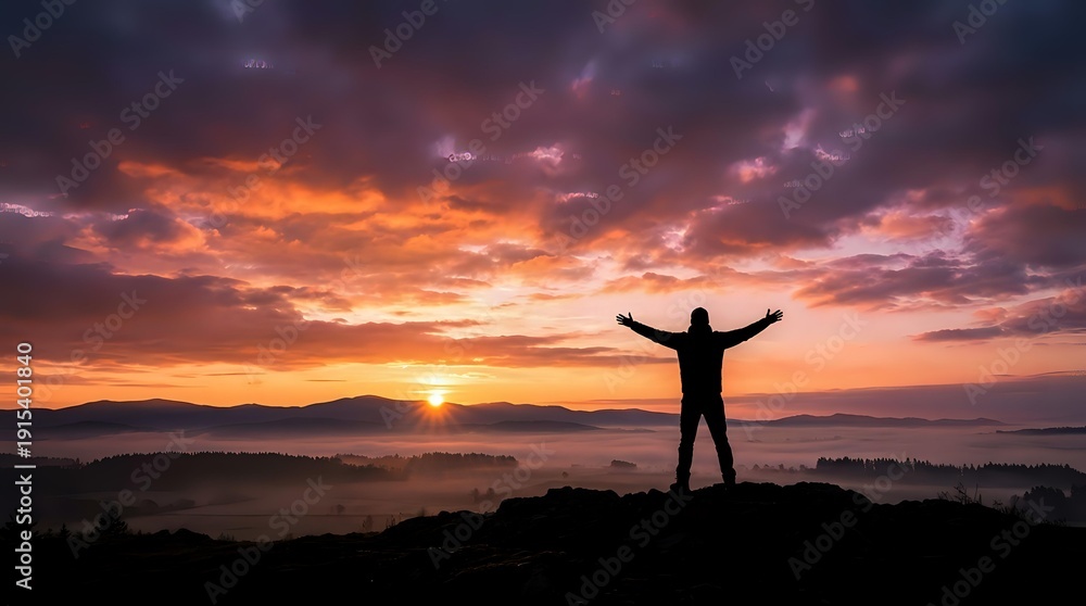Fototapeta premium Person silhouette with raised arms celebrating success at mountain summit during dramatic sunrise with colorful sky and valley below for motivation concepts.
