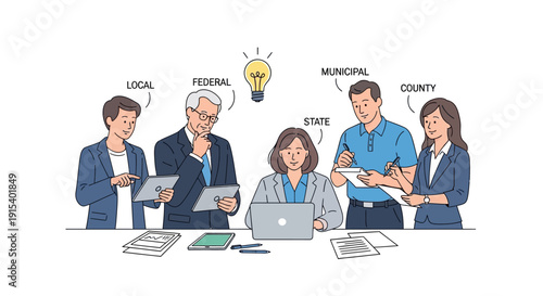 Diverse government officials collaborating at meeting table