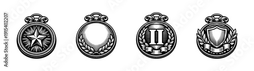 Medals flat vector icons set: award, badge, emblem, and insignia collection