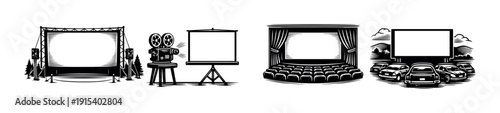 Cinema experience icons set. flat vector icons for theater, movie screen, drive-in themes