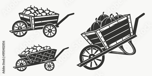 Three wheelbarrows and a wheelbarrow with a shovel in a row. Vector