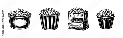 Popcorn flat vector icons set: snack containers, cinematic treats, food symbols