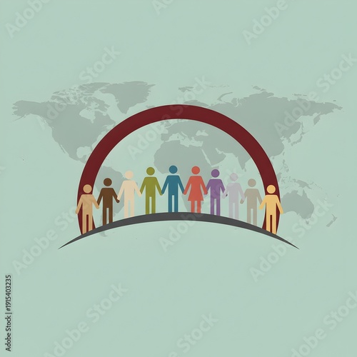 Diverse people holding hands under arch global map background unity diversity community teamwork inclusion peace harmony collaboration support global unity togetherness understanding connection world