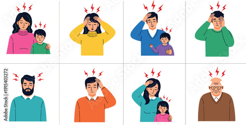 Set of diverse people suffering from headache and migraine pain with red lightning stress symbols isolated on white background vector medical illustration.