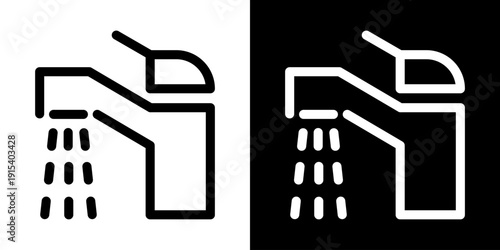 Icon water faucet with dripping drops. Outline vector pictogram of tap symbol for water supply, plumbing, sanitation and conservation.