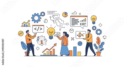 Team collaborating on business strategy with data analysis