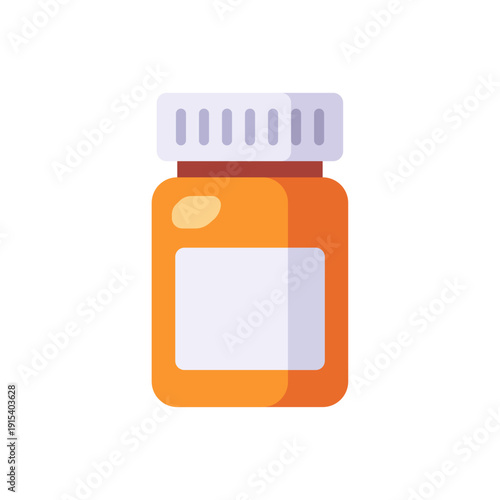 orange pill bottle, pharmacy medicine, purple cap, white label, colorful vector flat style illustration