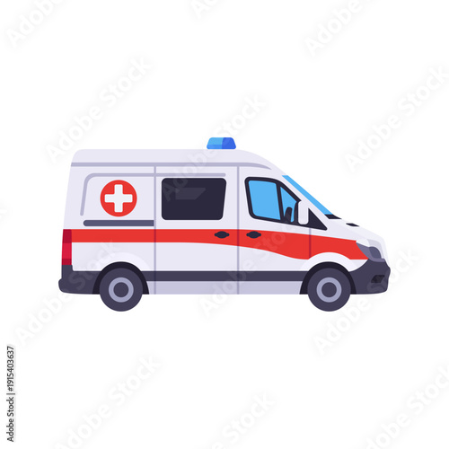 white ambulance van, red stripe, emergency medical service, colorful vector flat style illustration