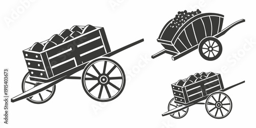 Three vintage wooden carts with wheels and handles, each varying in size and design. Vector