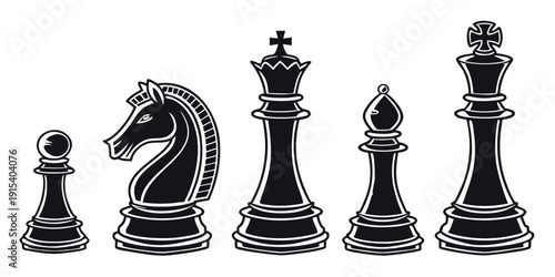 Black and white chess pieces arranged in a row on a chessboard Vector