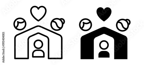 Family icon with mother and father forming house shape around child, heart symbol above. Vector pictogram representing love, protection, parenting, safe home and family care.