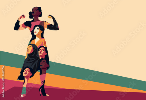Women's Day, March 8th. Bright vector illustration portraits of diverse women united by strength in a single silhouette. Symbol of unity, equality, feminism, diversity,motivation, women's empowerment