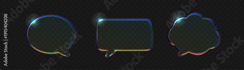 Set Transparent glass speech bubble with holographic gradient effects. 3D crystal chat icon featuring prismatic light dispersion on dark background for modern tech interfaces.