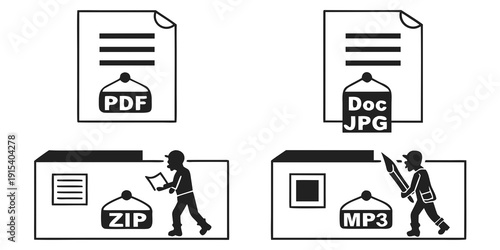 Illustration of a person uploading various file types to a computer. Vector