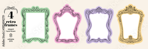 Frame for wedding, Whimsical border set with vintage bow, lace, flower, rose flower. Floral oval frame bg. Cute vector doodle ornament with ribbon. Art nouveau ornate for wedding whimsical card label