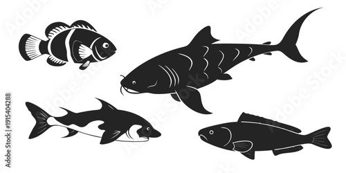 A diverse collection of fish species showcasing their unique shapes and sizes. Vector