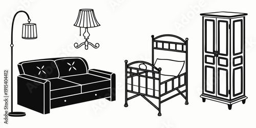 A cozy living room with a couch, chair, and a crib for a baby. Vector