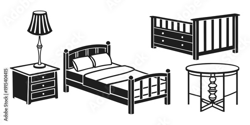 A beautifully designed bedroom with a bed, crib, and nightstands. Vector