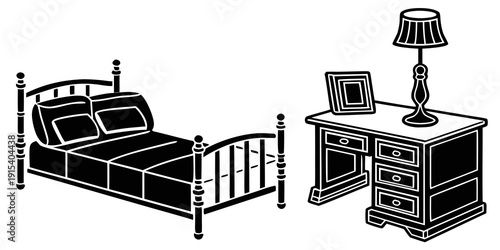 A vintage bedroom scene featuring a bed, desk, and lamp. Vector