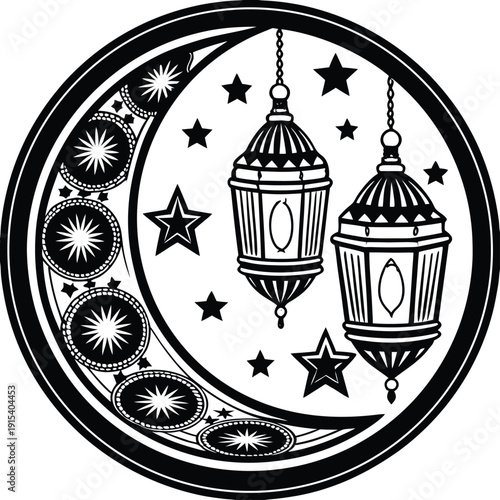 Black and white star and moon compass symbol vector illustration