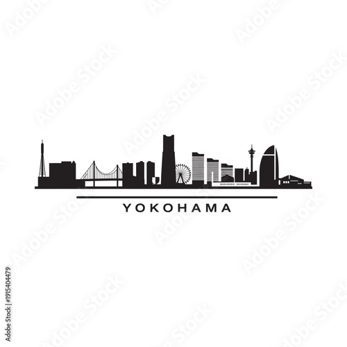 Yokohama skyline silhouette with prominent buildings and a Ferris wheel