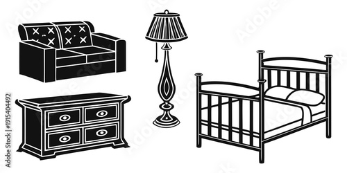 A collection of vintage wooden furniture including a sofa, table, lamp, and a crib. Vector