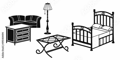 A vintage bedroom set with a bed, dresser, and vanity table Vector