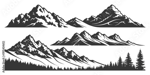 Majestic mountain range with snow-capped peaks and forested valleys. Vector