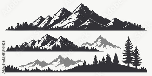 A serene landscape featuring three distinct mountain ranges with varying peaks and a forest at the base Vector