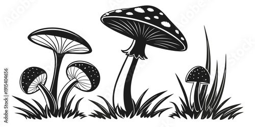 A whimsical illustration of mushrooms growing in a grassy field with tall grass Vector