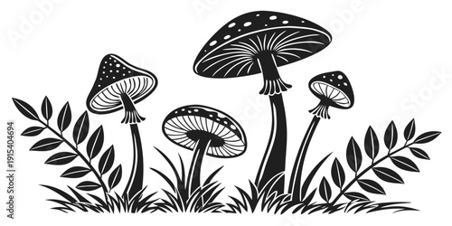 A group of mushrooms growing in a lush forest environment with green foliage. Vector