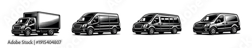 Transport vehicles flat vector icons set: trucks, vans, delivery, cargo