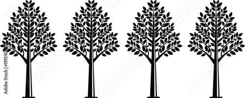 Set of four minimalist black silhouette deciduous trees with detailed leaf branches isolated on white background for landscape architecture eco friendly branding and nature design.