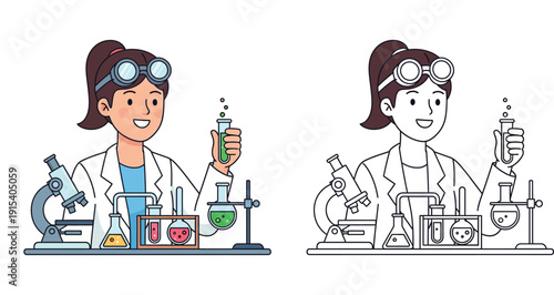 Cute female scientist holding test tube in laboratory vector illustration set with colorful and black and white outline coloring page style for science education concept