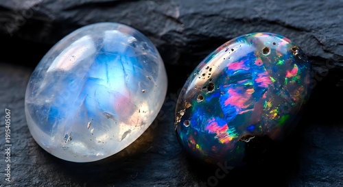 Two stunning opal gemstones displaying vibrant rainbow fire and iridescent colors on dark slate surface for jewelry design and luxury accessories.